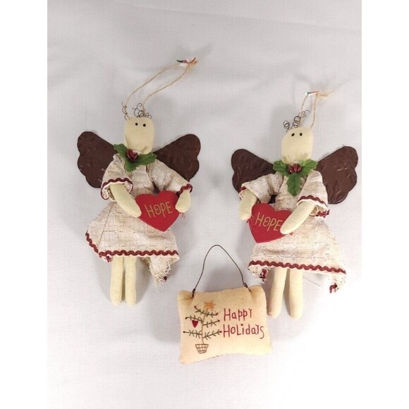 Christmas Soft Fabric Ornaments Lot Angels with Hope signs pillow rustic look - Picture 2 of 6